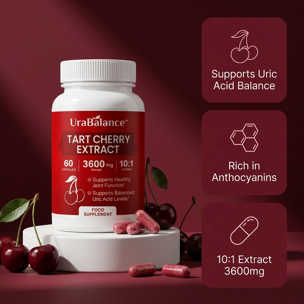 UraBalance Tart Cherry Extract bottle with key benefits