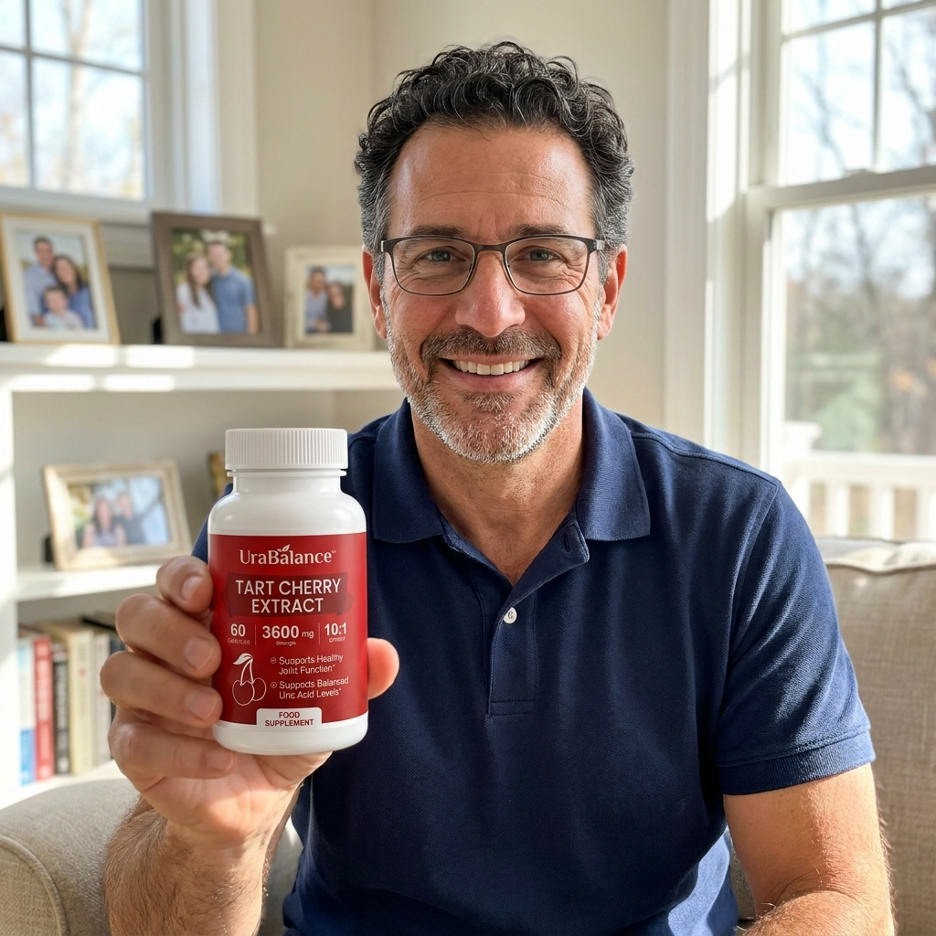 Happy customer holding UraBalance bottle